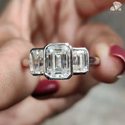 Emerald Cut Moissanite Three Stone Ring - Elegant Bezel Diamond Setting