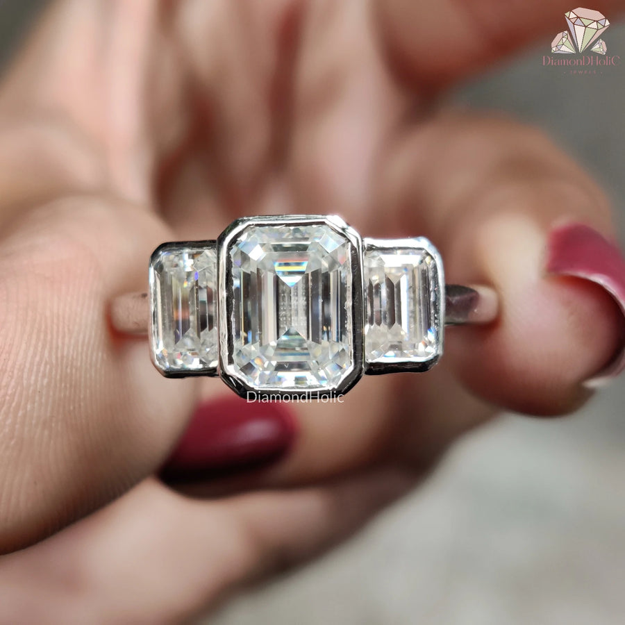 Emerald Cut Moissanite Three Stone Ring - Elegant Bezel Diamond Setting