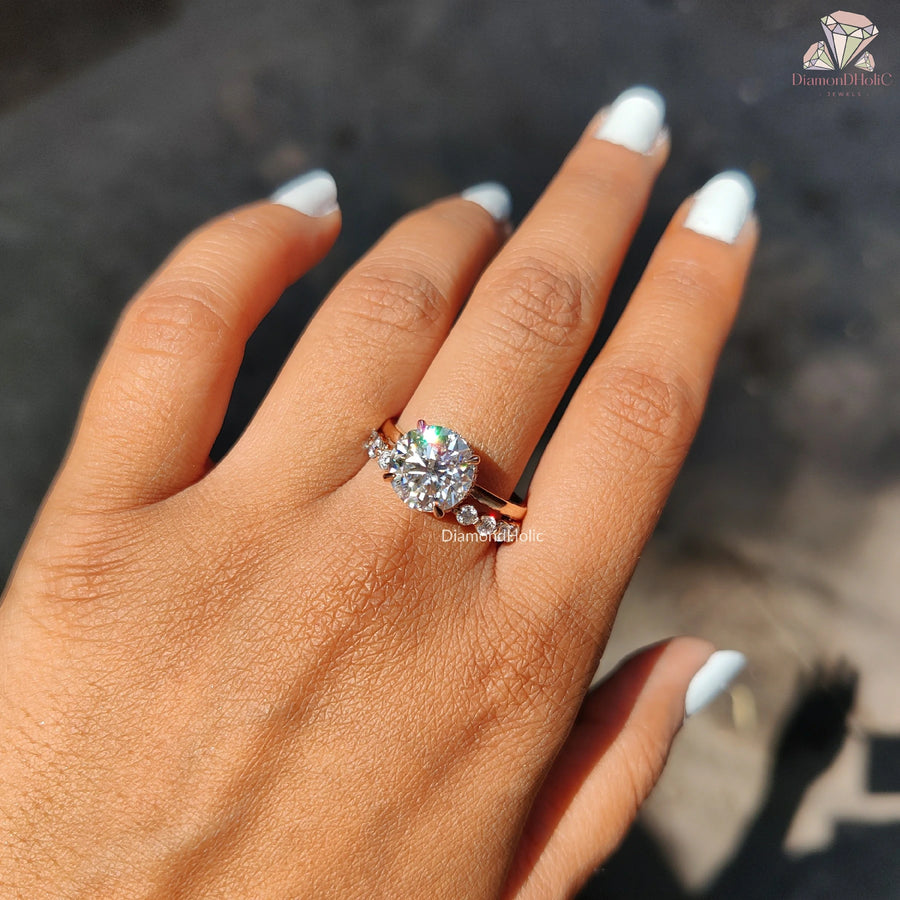 halo engagement ring | rose gold wedding set | moissanite ring combo
