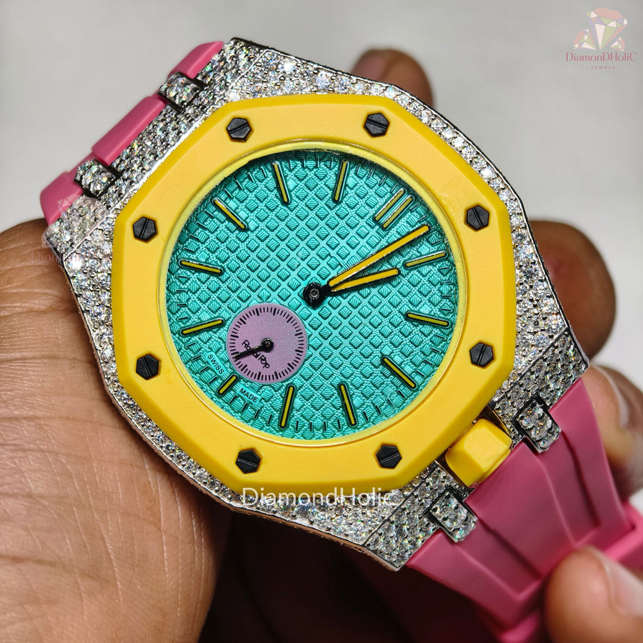 Men’s Iced Out Moissanite Watch Round Face with Two-Men’s Diamond Iced-Out Luxury Watch, Turquoise Textured Dial, Yellow Bezel, Pink Rubber Strap, Custom Hip Hop Statement WatchSteel Design