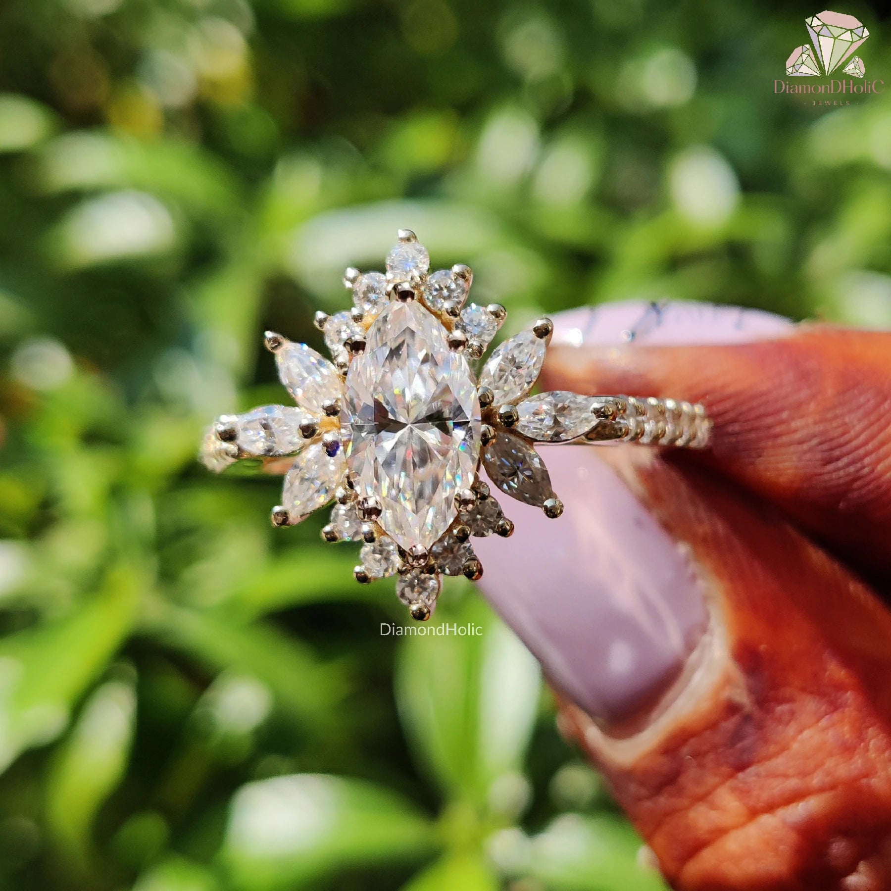 cluster moissanite ring | starburst bridal ring | marquise halo engagement

