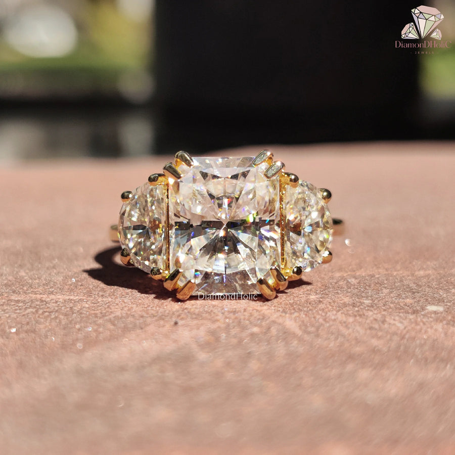 Radiant Cut with Half Moon Side Stone Moissanite Ring – Three-Stone