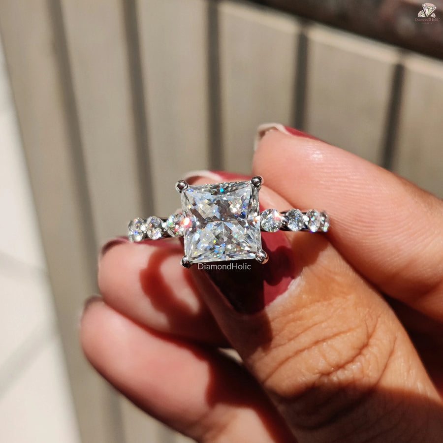 Romantic Moissanite Ring | Princess Cut Pave Promise | Dainty Gold Band

