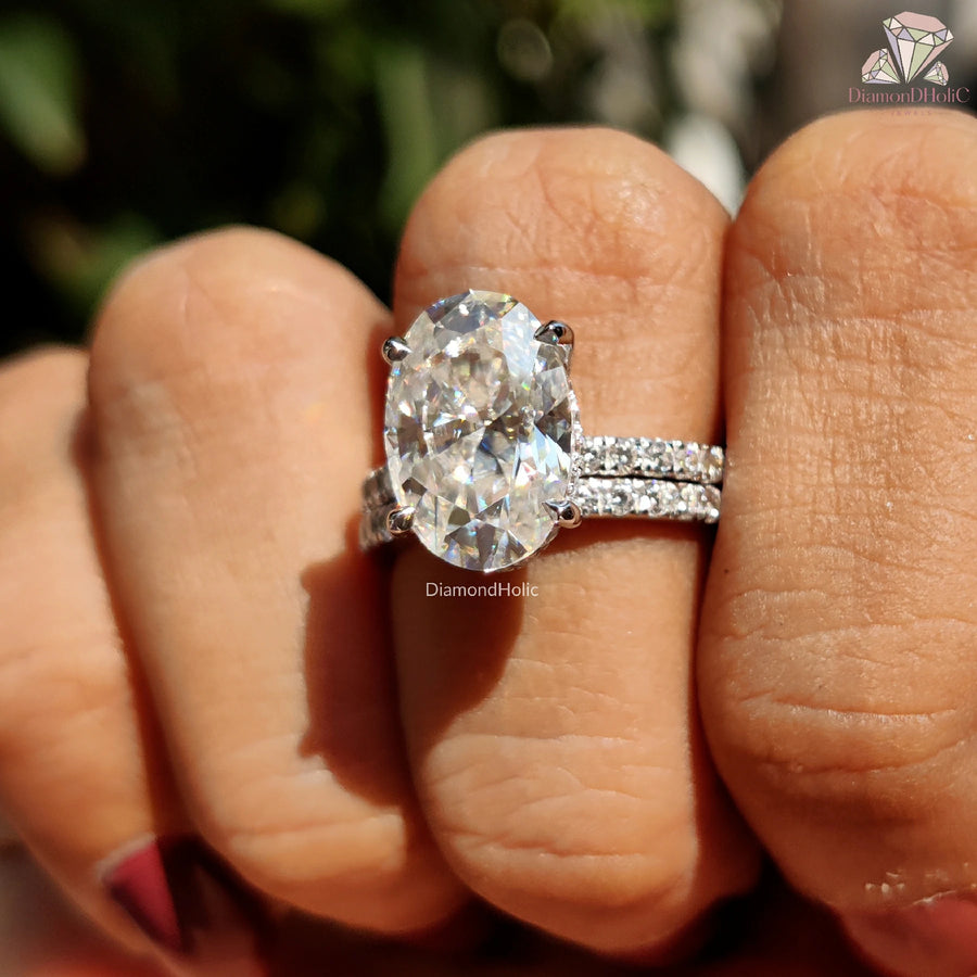 oval moissanite bridal set | moissanite couple rings | large stone ring

