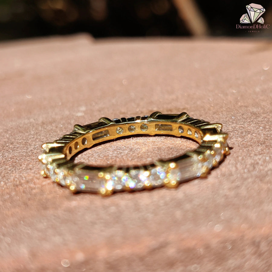 yellow gold eternity ring | baguette moissanite band | round stone ring

