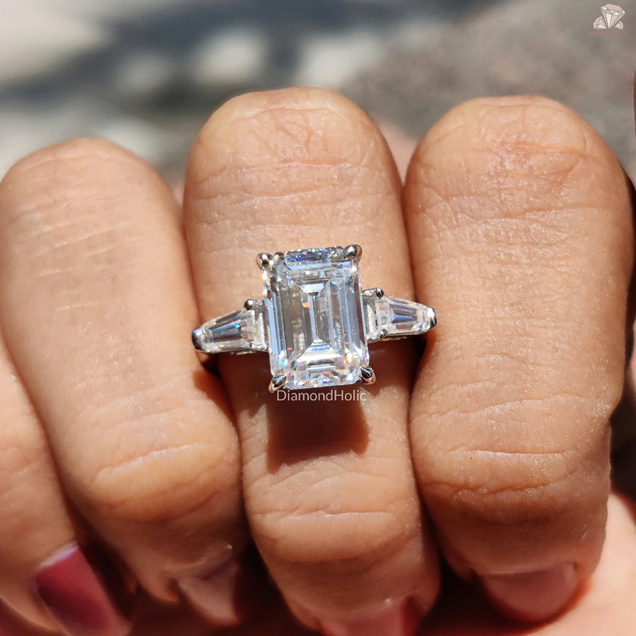 Emerald Cut Moissanite Ring | Tapered Baguette Side Stones | Three-Stone Design

