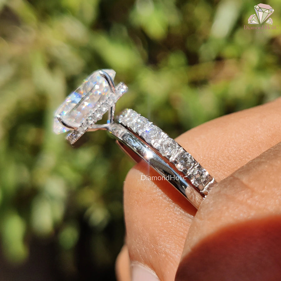 Oval Moissanite Ring Set | Halo & Eternity | 2-Piece Bridal Look

