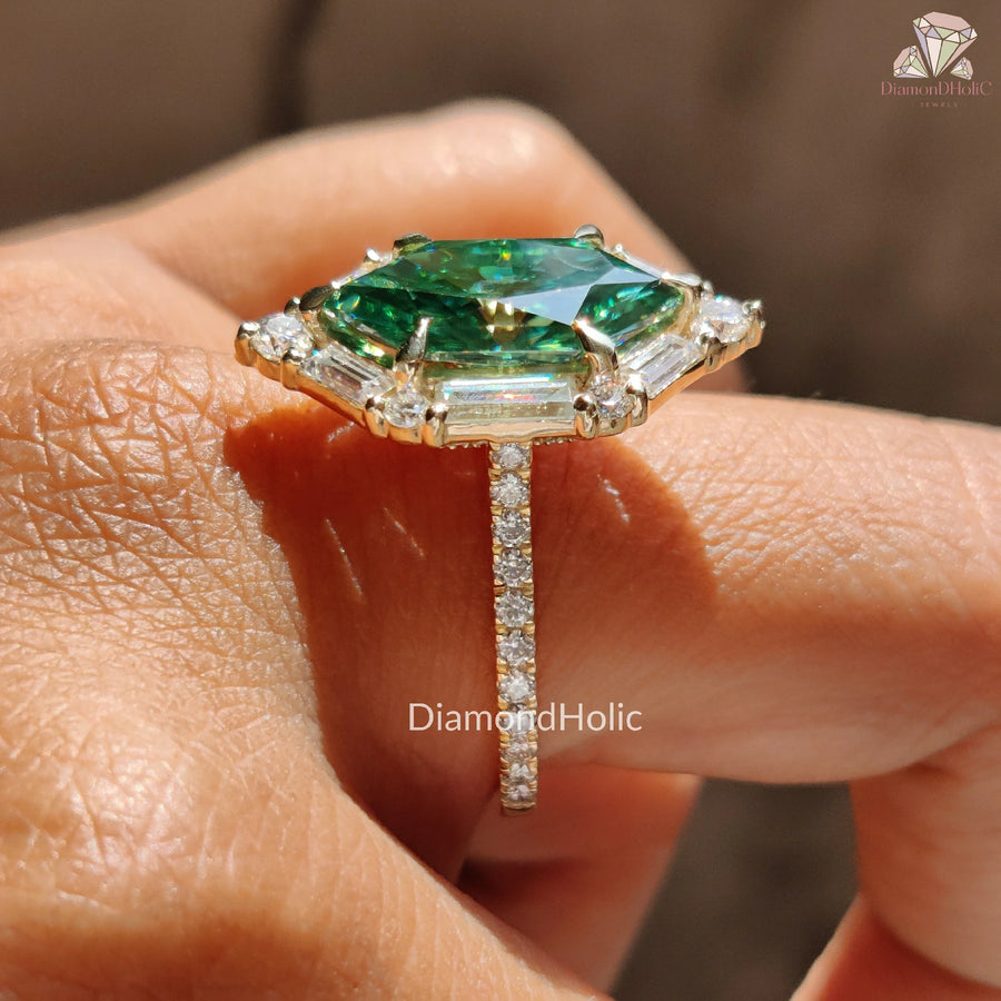 moissanite solitaire ring | radiant green moissanite | baguette diamond ring
