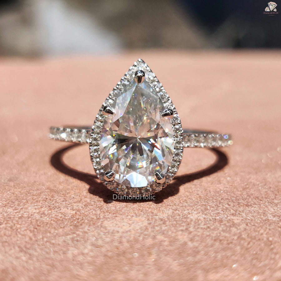 Promise Ring with Halo | Moissanite Pave Ring | Pear Sparkle Band

