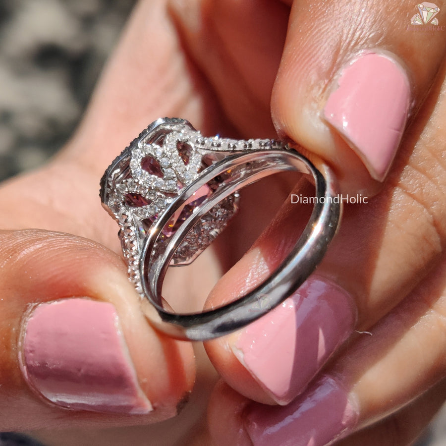 Pink Radiant Cut CZ Stone Halo Ring, Color Stone Engagement Ring