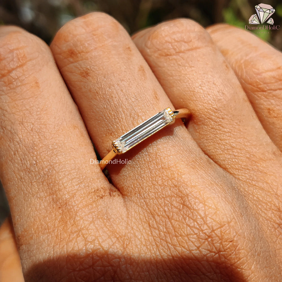 dainty moissanite ring | stackable gold ring | baguette engagement ring
