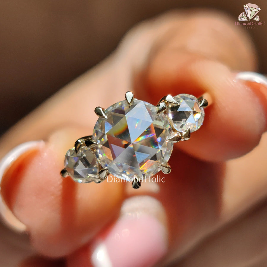 lab grown moissanite ring | moissanite ring yellow gold | round rose cut ring

