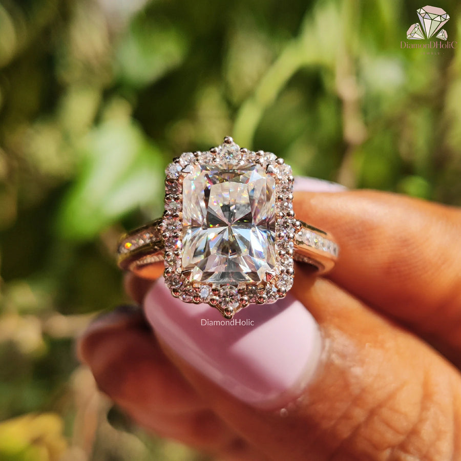 radiant cut moissanite ring | rose gold engagement ring | halo moissanite ring

