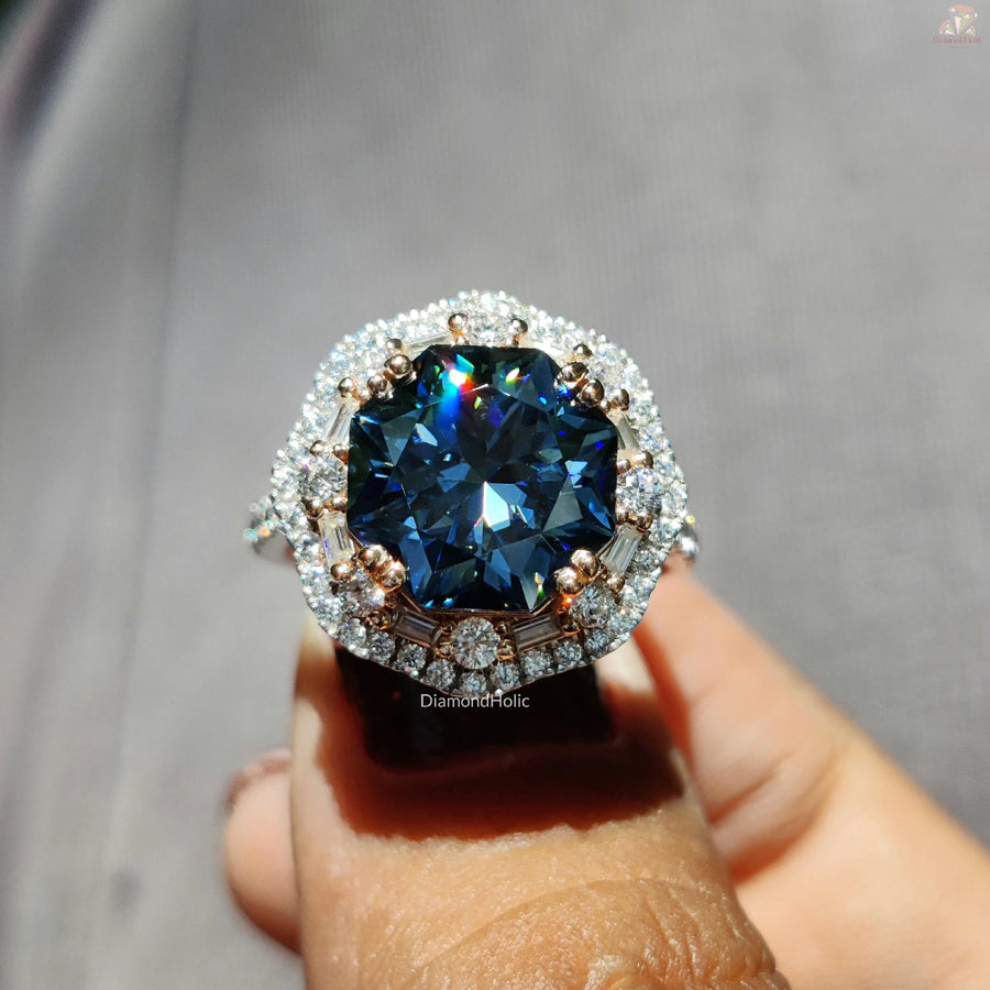Unique Rose Gold Ring | Blue Moissanite Halo | Engagement Ring For Her

