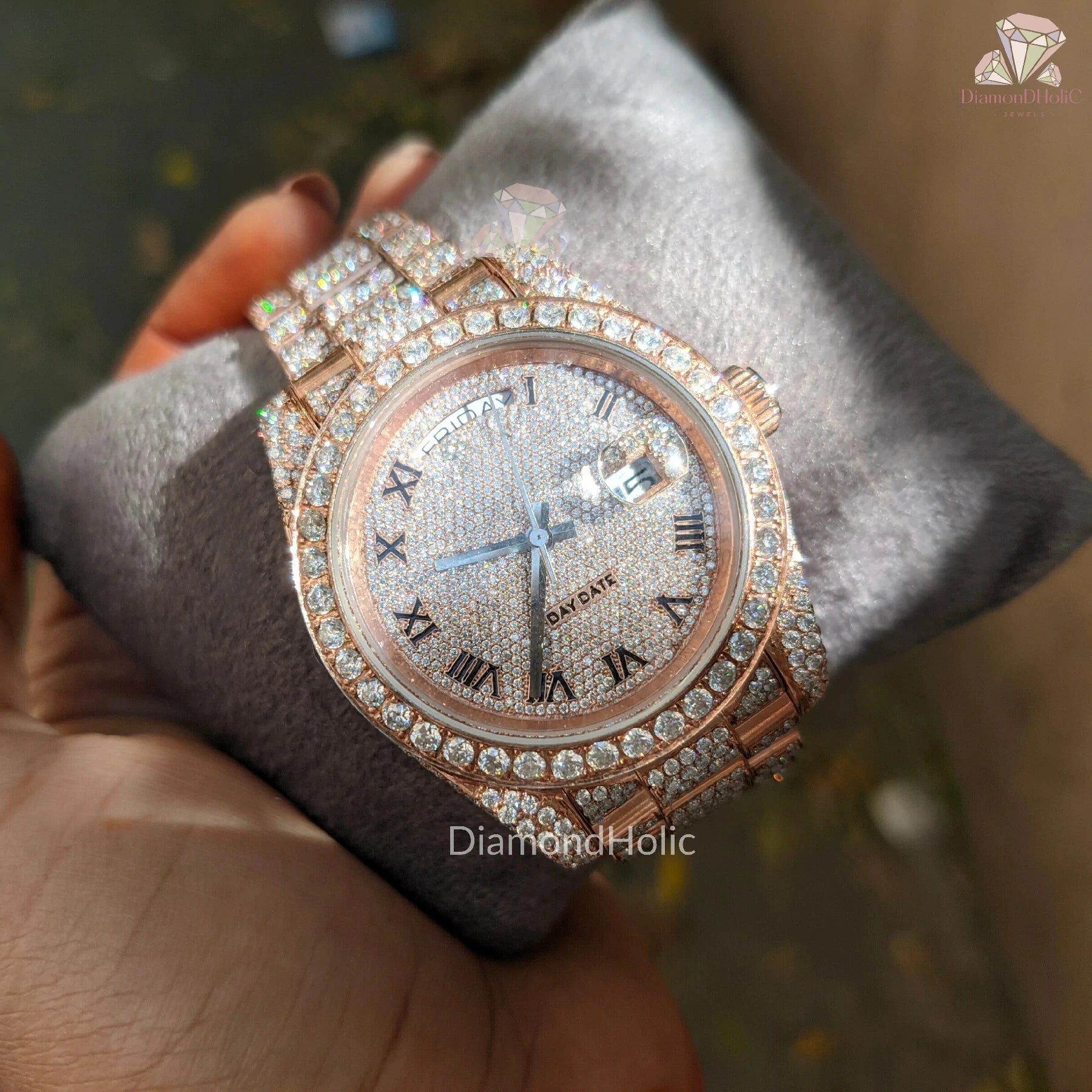 Automatic Iced Out Watch – Round Dial, Two-Tone, Roman Numerals