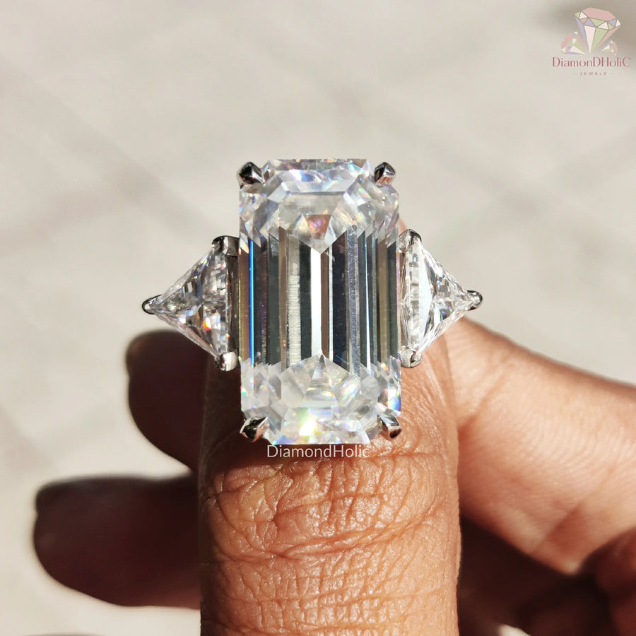 Three Stones, One Love | Emerald Cut Moissanite | Triangle Side Ring

