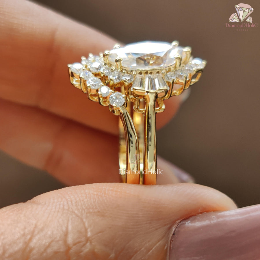 Marquise Cut Moissanite Bridal Ring Set- Sparkling Moissanite Ring Set With Matching Wedding Band