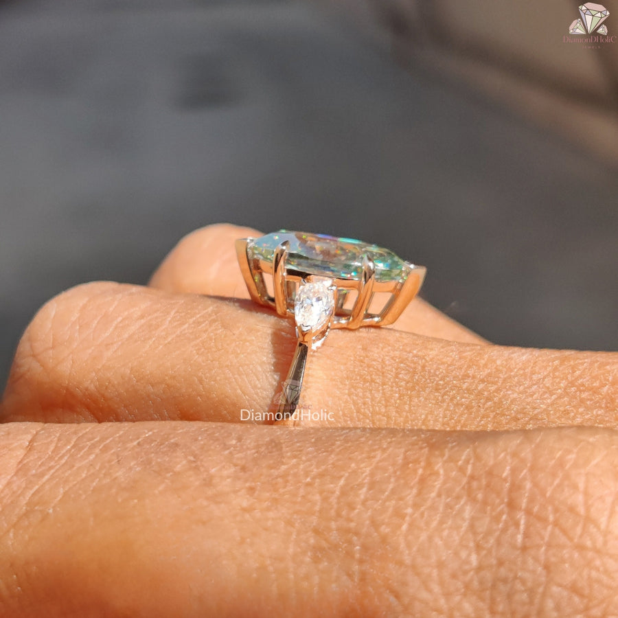 Cyan Blue Marquise Cut Moissanite Ring, Three Stone Christmas Gift For Her
