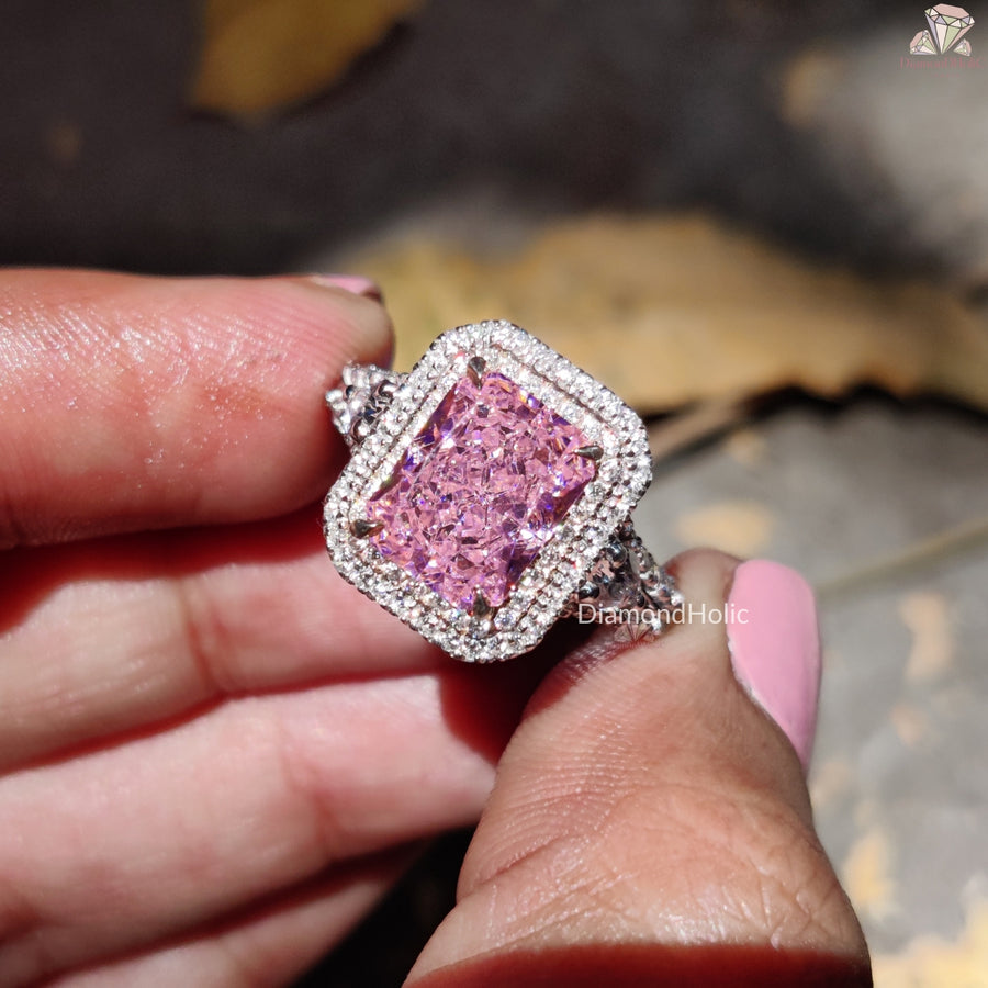 Pink Radiant Cut CZ Stone Halo Ring, Color Stone Engagement Ring