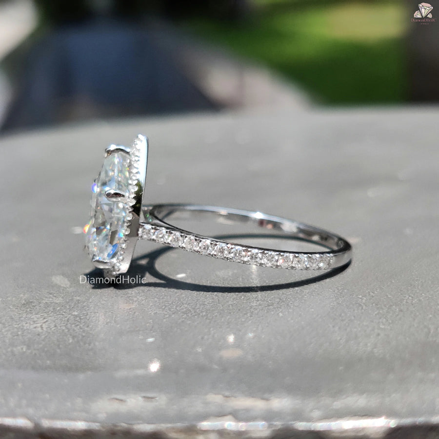 Halo Setting Moissanite Ring | Pear Cut Romantic Band | Bridal Gift

