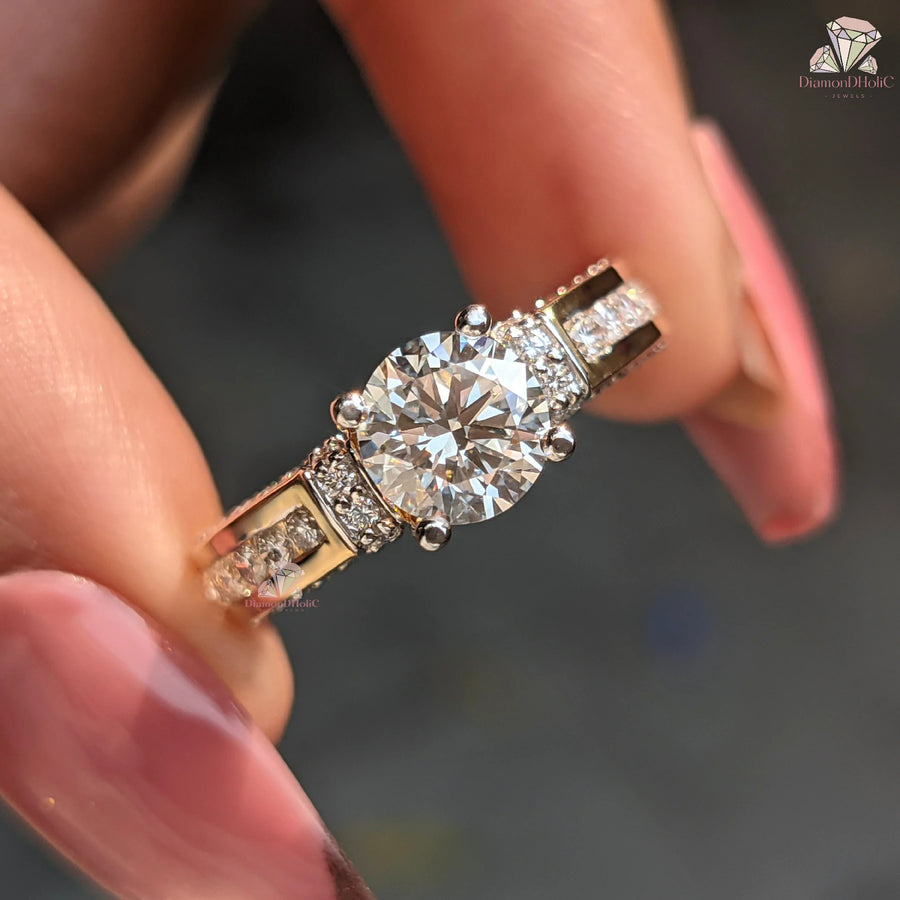 Round Cut Lab Grown Diamond Channel Setting Pave Engagement Ring