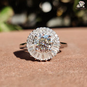 eco friendly moissanite ring | sun halo engagement ring | timeless moissanite design
