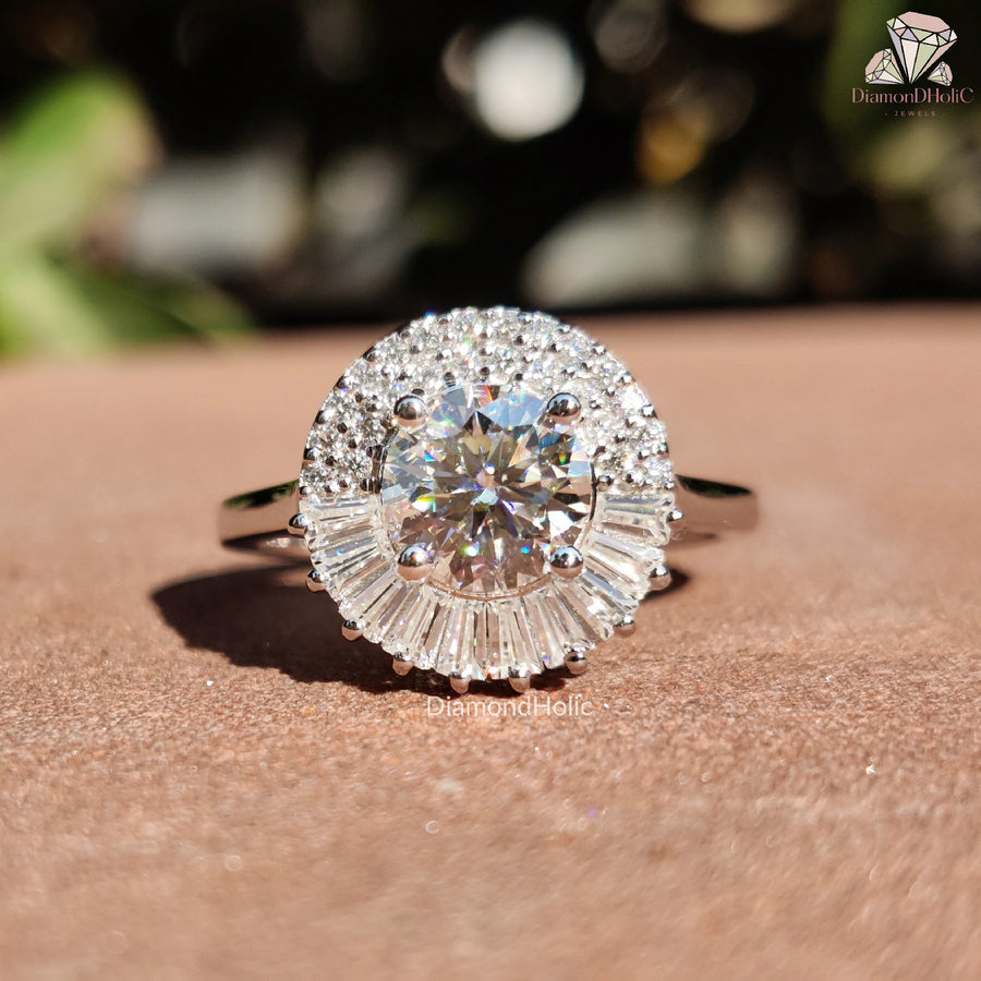 eco friendly moissanite ring | sun halo engagement ring | timeless moissanite design
