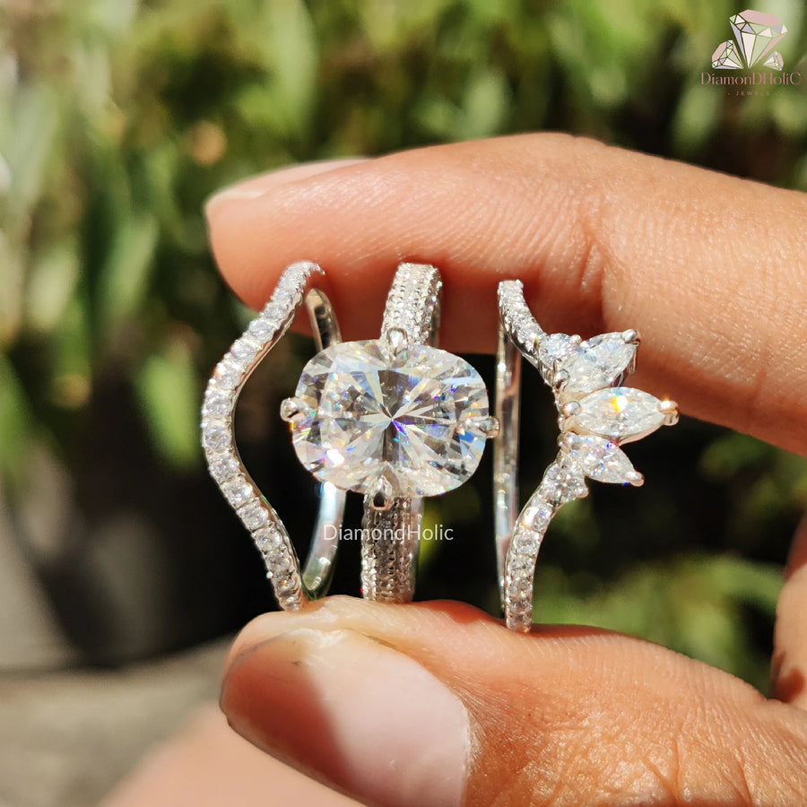Three Piece Ring Set | Moissanite Oval Ring | Curved Bands

