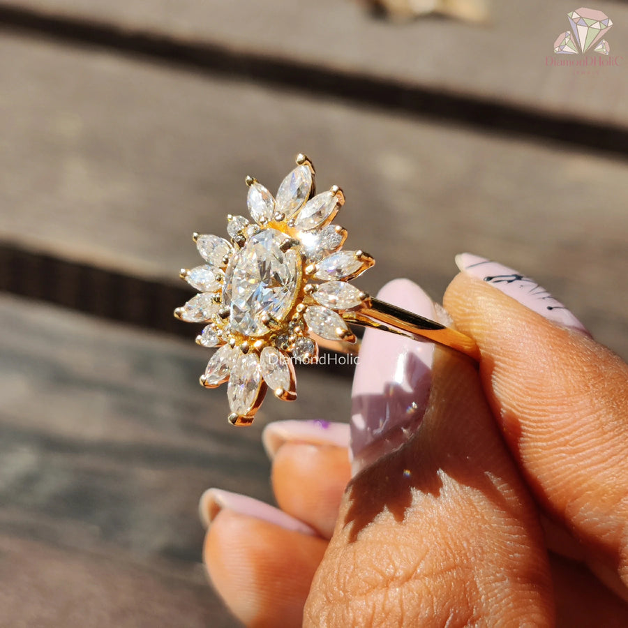 Oval Cut Starburst Halo Moissanite Solitaire Ring – Unique