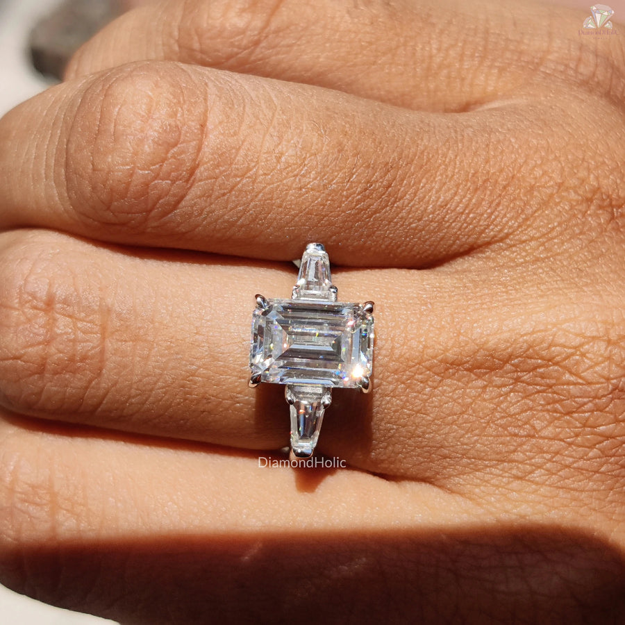 Radiant Moissanite Engagement | Emerald with Side Stones | Love Ring Design

