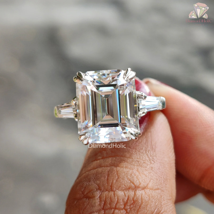 Classic Emerald Moissanite | Baguette Side Accents | Three Stone Engagement

