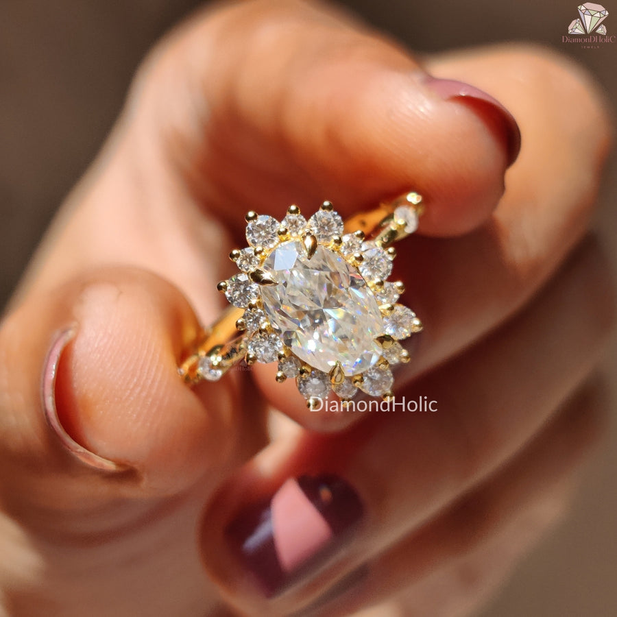 Oval Cut Moissanite Diamond Ring, Halo Moissanite Bridal Ring