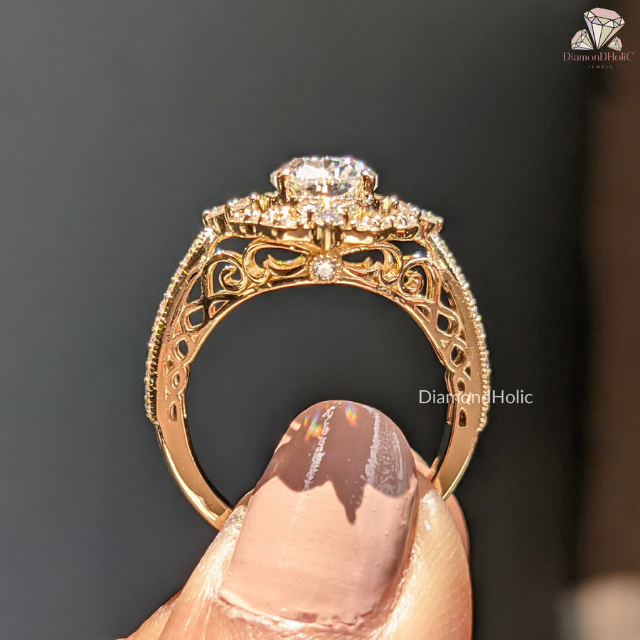 floral scroll ring | lab cushion diamond | classic halo ring
