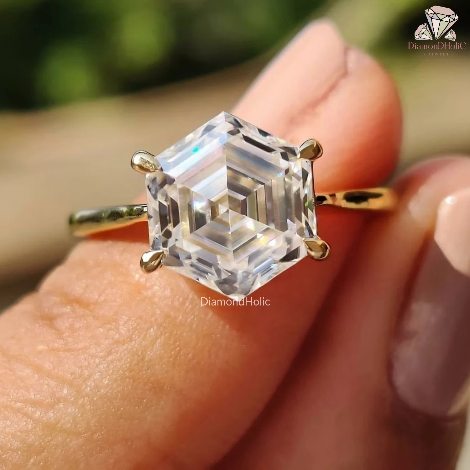 Solitaire Hexagon Cut Moissanite Ring 