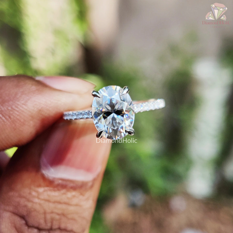 Bridal Oval Moissanite Ring | Elegant Solitaire Band | Pave Stone Detail


