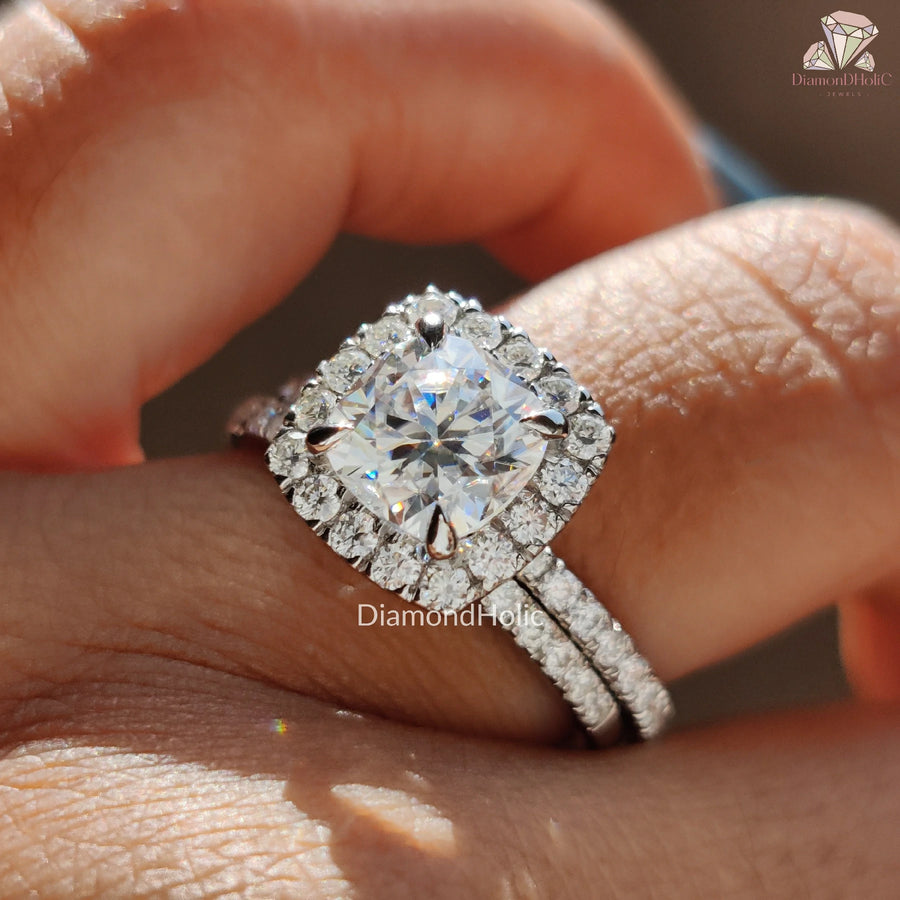 moissanite cushion ring | cushion cut moissanite | halo moissanite ring
