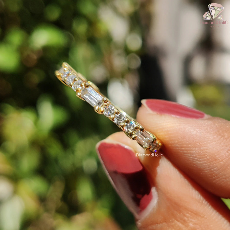 gold baguette moissanite ring | timeless eternity band | ring for everyday wear
