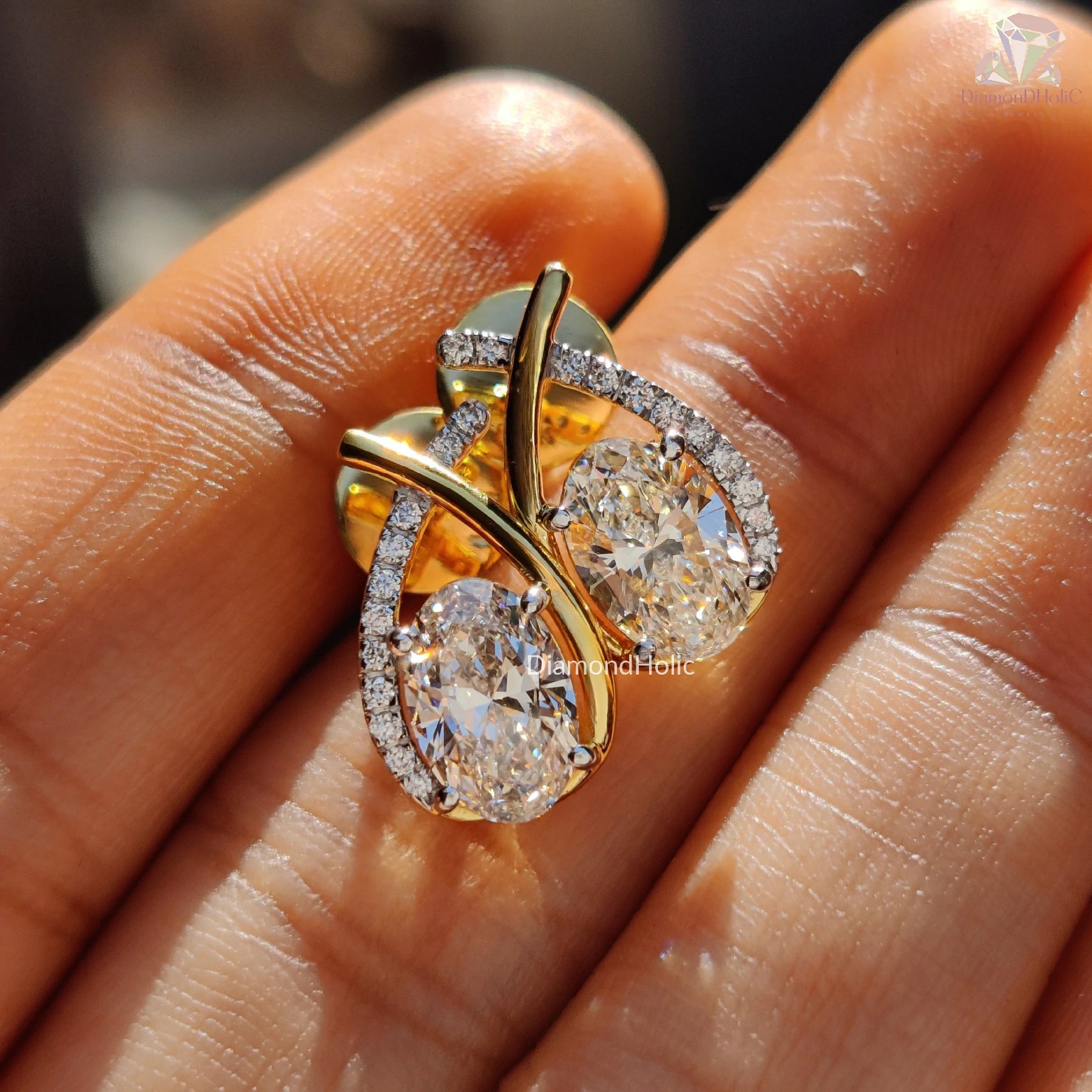 gold stud earrings | lab diamond oval| screw back earrings
