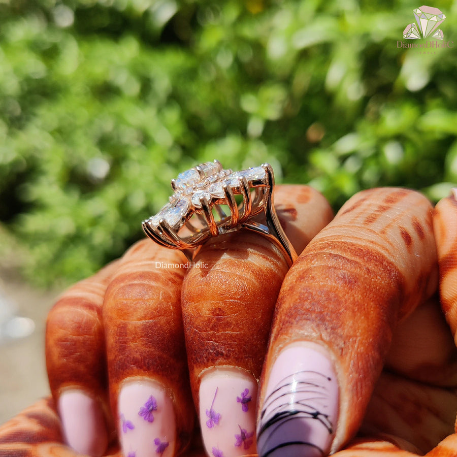 large floral statement ring | halo cluster ring for women | moissanite petals ring
