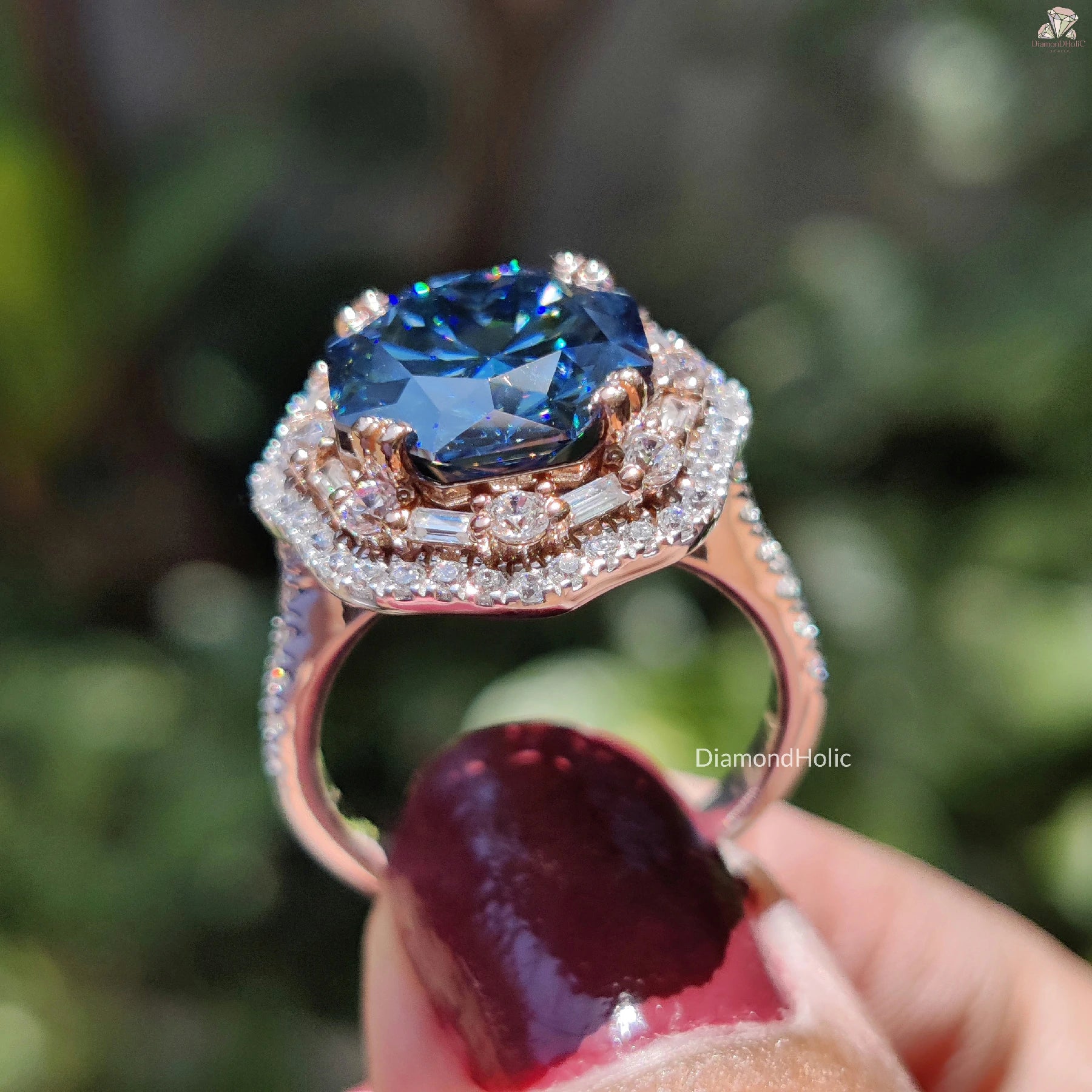 Octa Cut Blue Moissanite | 14K Rose Gold Ring | Halo Engagement Band

