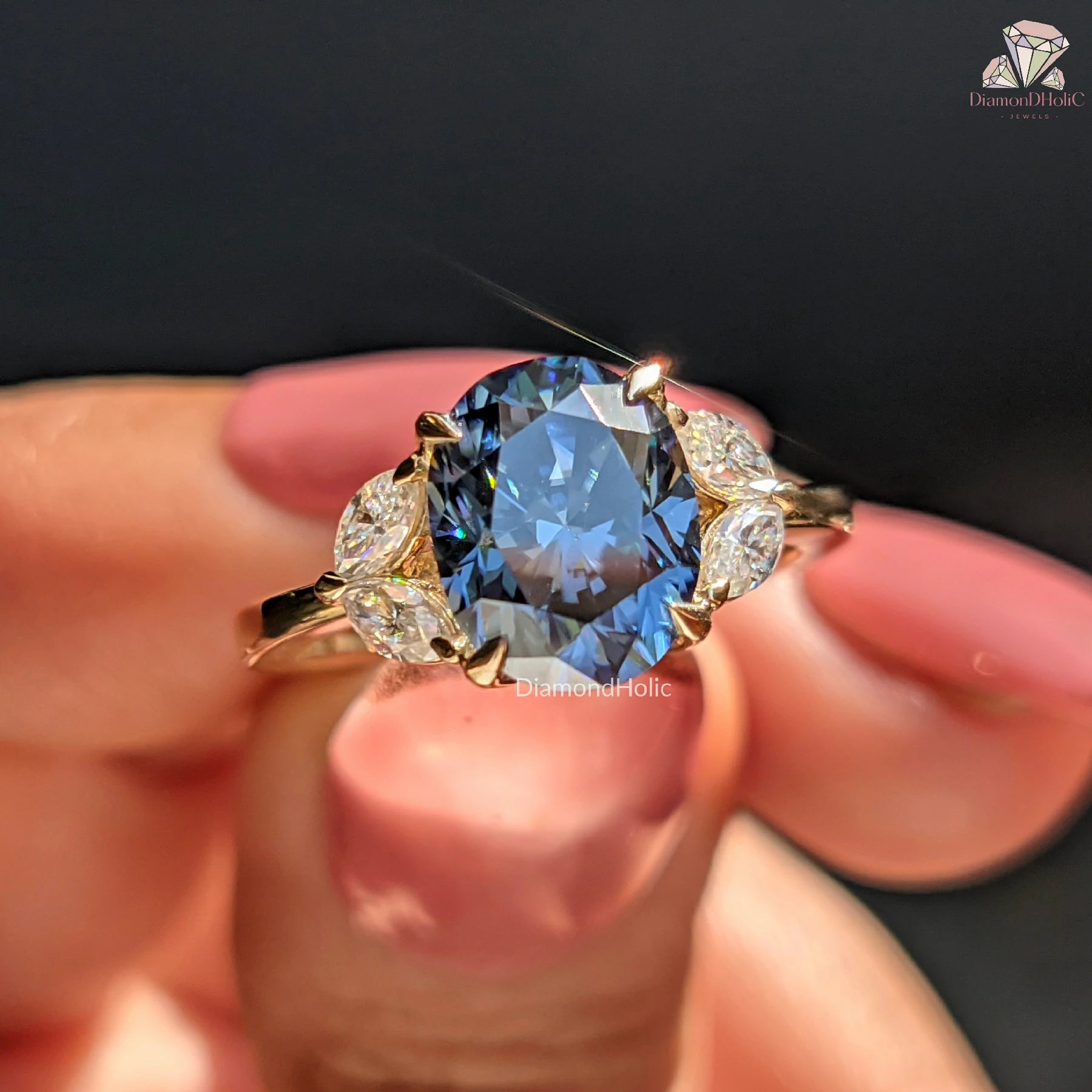 Royal Blue Oval Cut Moissanite Five Stone-Vintage Engagement Ring