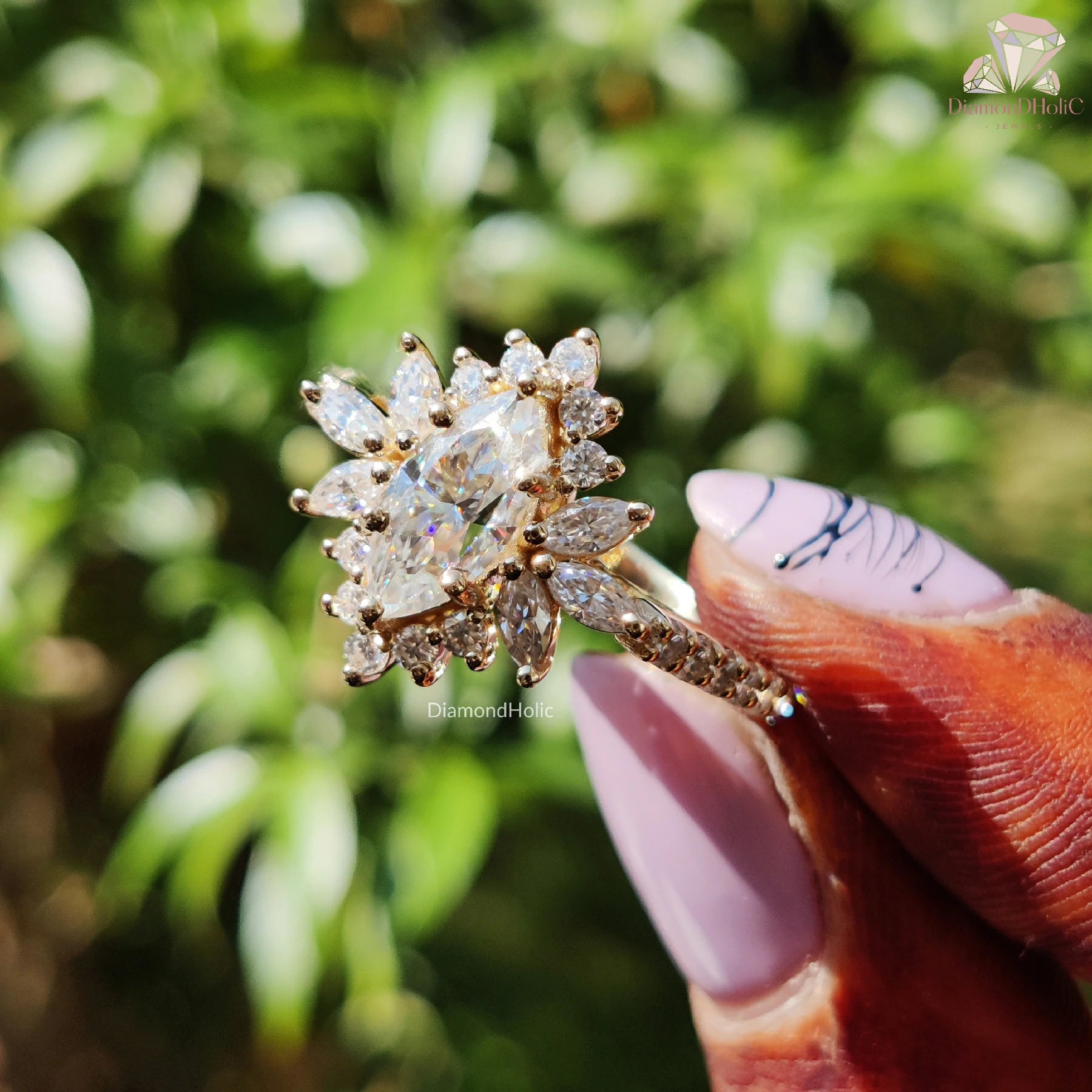 marquise moissanite ring | yellow gold engagement ring | floral halo ring
