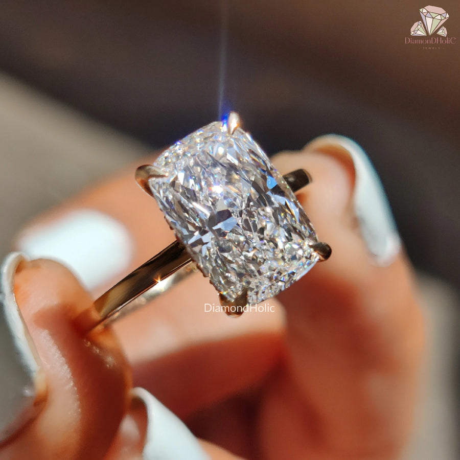 lab grown cushion cut ring | yellow gold diamond ring | solitaire engagement ring
