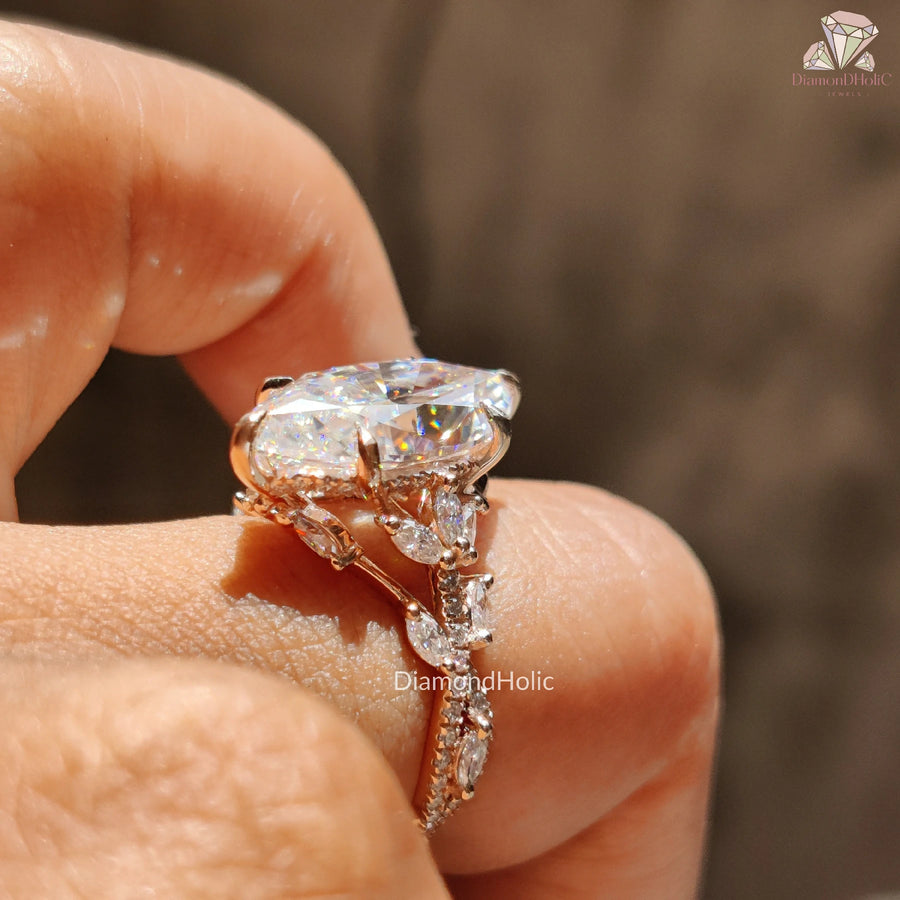 pave leaf ring | romantic moissanite band | custom rose gold setting
