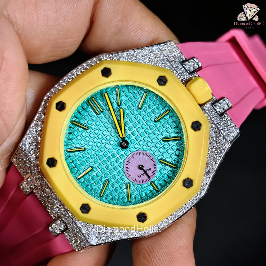 Men’s Iced Out Moissanite Watch Round Face with Two-Men’s Diamond Iced-Out Luxury Watch, Turquoise Textured Dial, Yellow Bezel, Pink Rubber Strap, Custom Hip Hop Statement WatchSteel Design