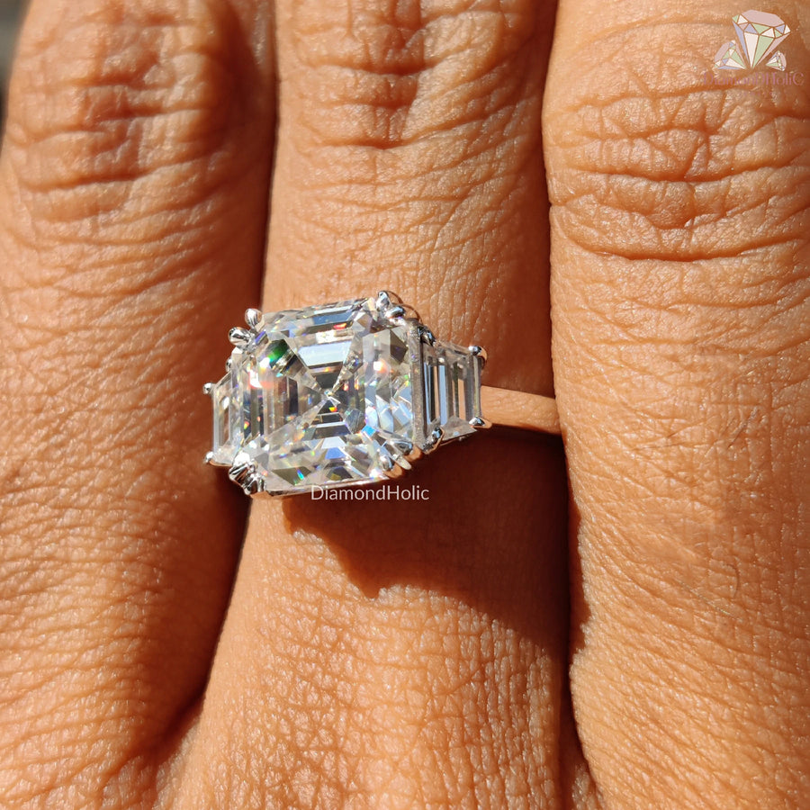bridal moissanite set | white metal diamond ring | baguette side stone ring
