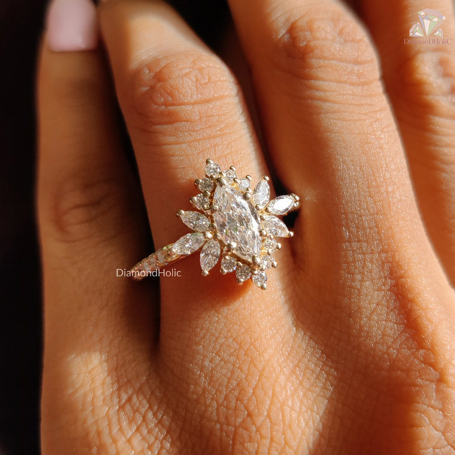 Marquise Cut Moissanite Floral Cluster Halo-Vintage Engagement Ring