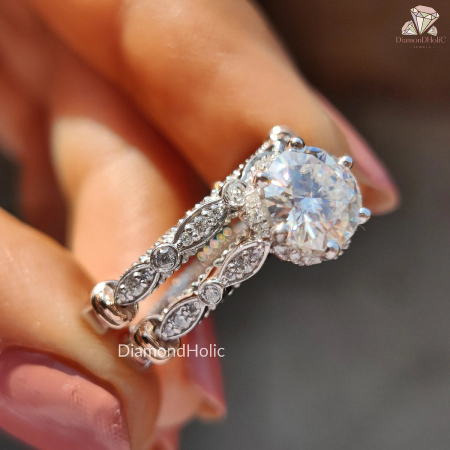Stylish Vintage Inspired Set | Radiant Moissanite Wedding Set | Elegant Vintage Bridal Jewelry
