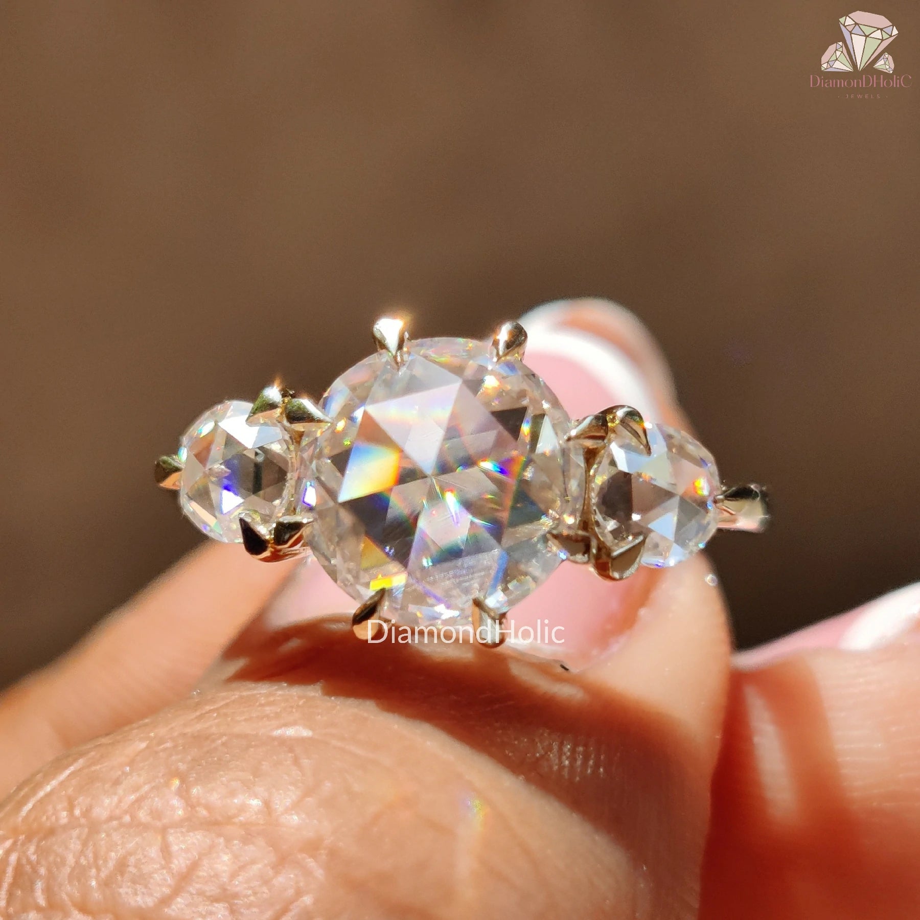 moissanite engagement ring | three stone moissanite ring | rose cut moissanite
