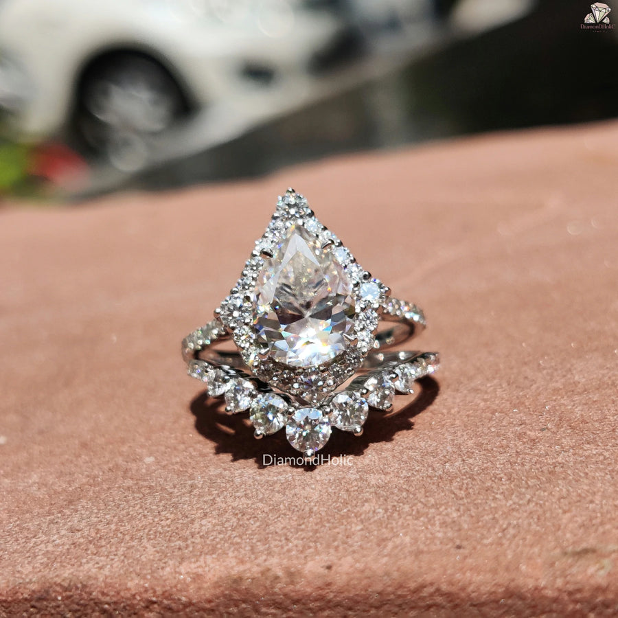 Wedding Ring Set for Her | Pear Moissanite Halo | Elegant Design

